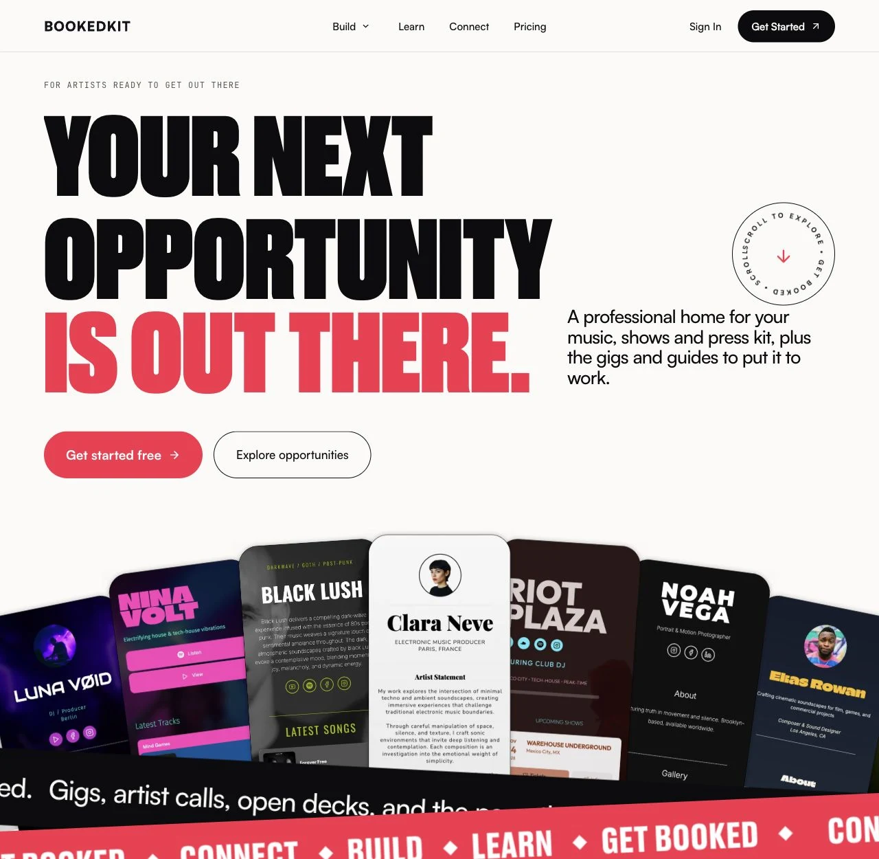 BookedKit’s new homepage, with oversized black and red typography and a collection of expressive artist pages